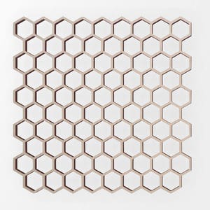 May include: A wooden honeycomb shelf unit with a light brown finish. The shelf unit is made of individual hexagonal compartments.