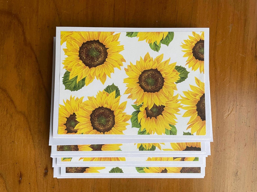 Sunflower Design Blank Note Card Set: 6 Notecards on White Cardstock ...