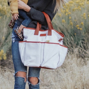 Gray Striped Diaper Bag / Canvas & Vegan Leather / Minimalist Print / Tote Bag