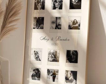 Póster imprimible de collage de fotos Polaroid de pareja, plantilla de regalo de aniversario, collage de fotos de boda personalizado, plantilla editable de Canva