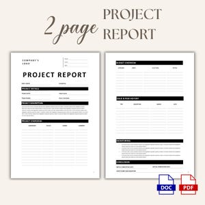 Könnte beinhalten: Zweiseitige Projektberichtsvorlage mit minimalistischem Design. Der Titel "PROJECT REPORT" ist prominent dargestellt. Das Dokument enthält Abschnitte für Projektdetails, Beschreibung, Übersicht, Budget, Risikohistorie, Überwachung und Fazit. Dateiformate sind DOC und PDF.
