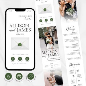 Könnte beinhalten: Ein Hochzeitskarten-Design mit den Namen "ALLISON und JAMES" und dem Datum "14. Juni 2030". Das Design umfasst ein Smartphone, das die Einladung anzeigt, sowie zusätzliche Details und ein Foto des Paares.