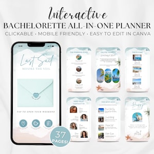 May include: An interactive bachelorette all-in-one planner displayed on a smartphone. The planner includes sections for the weekend plan, travel details, rooms, must-dos, and contact information. The planner is mobile-friendly and easy to edit.