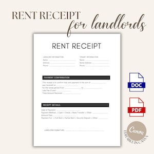 Puede incluir: Una plantilla de recibo de alquiler en blanco para propietarios, con campos para la información del propietario e inquilino, confirmación de pago y detalles del recibo. Incluye iconos DOC, PDF y Canva.