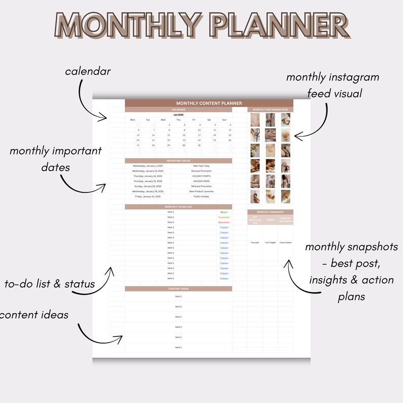 K&ouml;nnte beinhalten: Ein monatlicher Planer mit dem Text "MONTHLY PLANNER" oben. Der Planer enth&auml;lt Abschnitte f&uuml;r einen Kalender, wichtige Daten, To-Do-Listen, Inhaltsideen und monatliche Momentaufnahmen. Er enth&auml;lt auch einen Abschnitt f&uuml;r monatliche Instagram-Feed-Visuals.