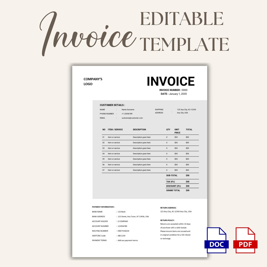 Invoice Template PDF & Word, Simple One Page Invoice for Small Business ...