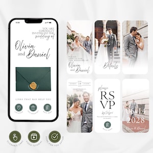 May include: A mobile phone screen showcases wedding invitation templates. The main display features an invitation for "Olivia and Daniel" and an envelope with a gold seal. Other screens show wedding details, RSVP information, and photos of the couple.