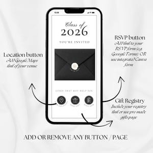 K&ouml;nnte beinhalten: Ein Smartphone-Bildschirm zeigt eine Abschlussfeier-Einladung. Der Text "Class of 2026, You're Invited" steht &uuml;ber einer schwarzen Umschlag-Grafik. Standort-, Geschenk- und RSVP-Schaltfl&auml;chen sind vorhanden. Das Telefon befindet sich auf wei&szlig;em Hintergrund.