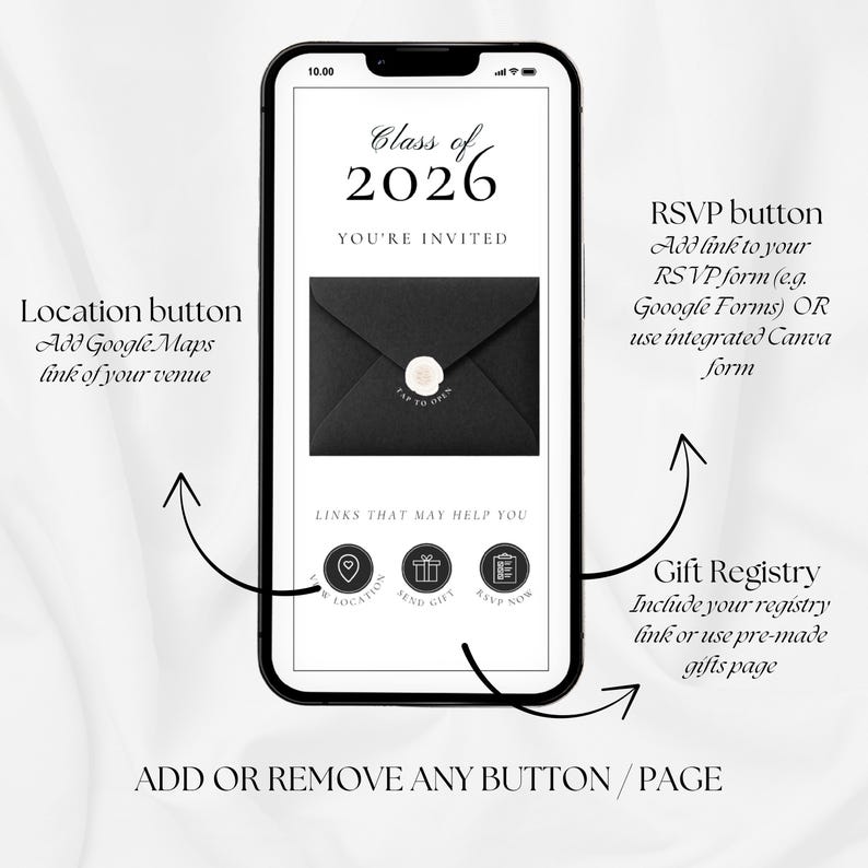 K&ouml;nnte beinhalten: Ein Smartphone-Bildschirm zeigt eine Abschlussfeier-Einladung. Der Text "Class of 2026, You're Invited" steht &uuml;ber einer schwarzen Umschlag-Grafik. Standort-, Geschenk- und RSVP-Schaltfl&auml;chen sind vorhanden. Das Telefon befindet sich auf wei&szlig;em Hintergrund.