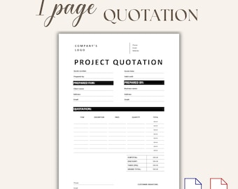Project Quotation Template Word PDF, 1-Page Quote Estimate Invoice Template, Editable Business Pricing Sheet, Minimal Instant Download PP06