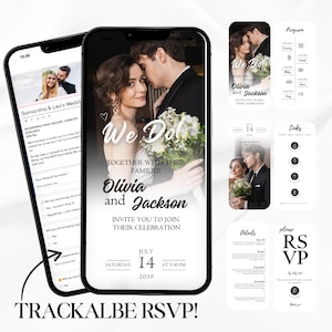 Op de afbeelding: Een digitale huwelijksuitnodiging weergegeven op een smartphone, met een foto van een stel en de tekst "We Do". Extra schermen tonen RSVP-details en evenementinformatie. De uitnodiging is voor Olivia en Jackson.