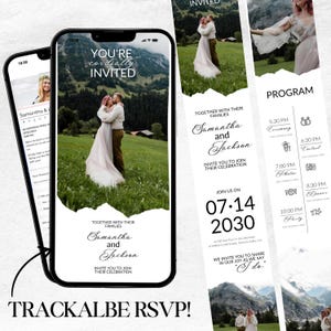 May include: A digital wedding invitation design displayed on a smartphone, featuring a couple embracing in a field. The invitation includes the text "You're cordially invited," along with event details and a "Trackable RSVP!" message.