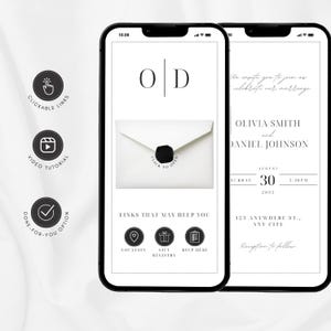Puede incluir: Dos smartphones que muestran un diseño de invitación de boda. El teléfono de la izquierda muestra un sobre blanco con un sello negro y las iniciales "O D". El teléfono de la derecha muestra los detalles de la boda, incluidos los nombres Olivia Smith y Daniel Johnson.