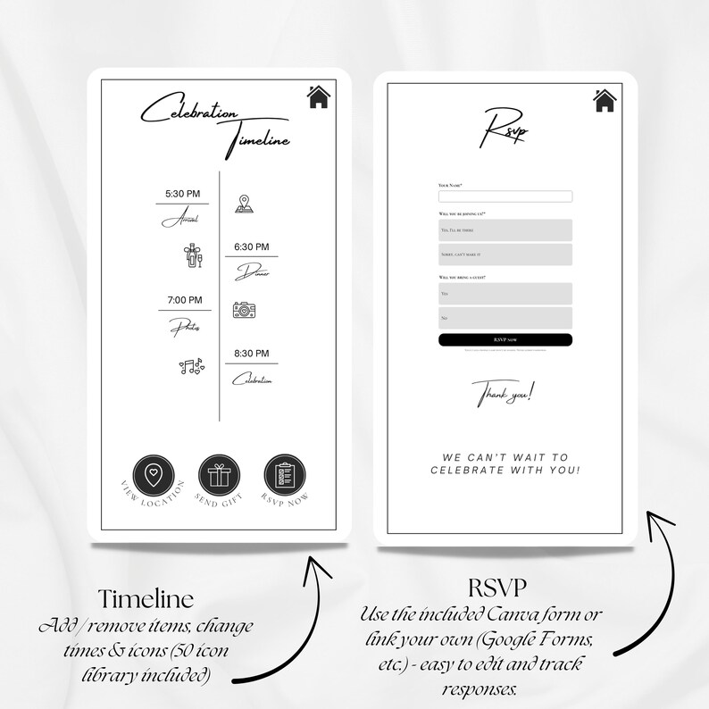 Op de afbeelding: Twee digitale schermen met een witte achtergrond. Het linkerscherm toont een vieringstijdlijn met pictogrammen en tijden. Het rechterscherm toont een RSVP-formulier. Tekst bevat "Celebration Timeline" en "RSVP".