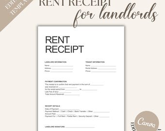 Modello di ricevuta di affitto per il locatore, ricevuta di affitto per l'inquilino in formato PDF Canva, modulo di pagamento dell'affitto modificabile, ricevuta di affitto stampabile con download immediato CON12