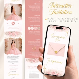 May include: An interactive digital invitation for a Quinceanera displayed on a smartphone screen, featuring a pink envelope with a gold wax seal, floral accents, and gold cursive text. The design includes a photo of a person in a pink ballgown.