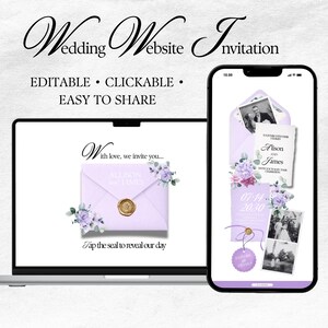 May include: A digital wedding website invitation displayed on a laptop and a smartphone. The invitation features a lavender envelope design with floral accents, a gold seal, and the text "Wedding Website Invitation." The phone shows photos and details.