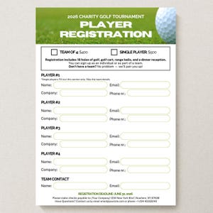 Könnte beinhalten: Ein Anmeldeformular für ein Golfturnier mit dem Text "2026 Charity Golf Tournament Player Registration". Das Formular enthält Abschnitte für die Team- und Einzelspielerregistrierung mit Feldern für Spielernamen, Kontaktinformationen und eine Anmeldefrist.