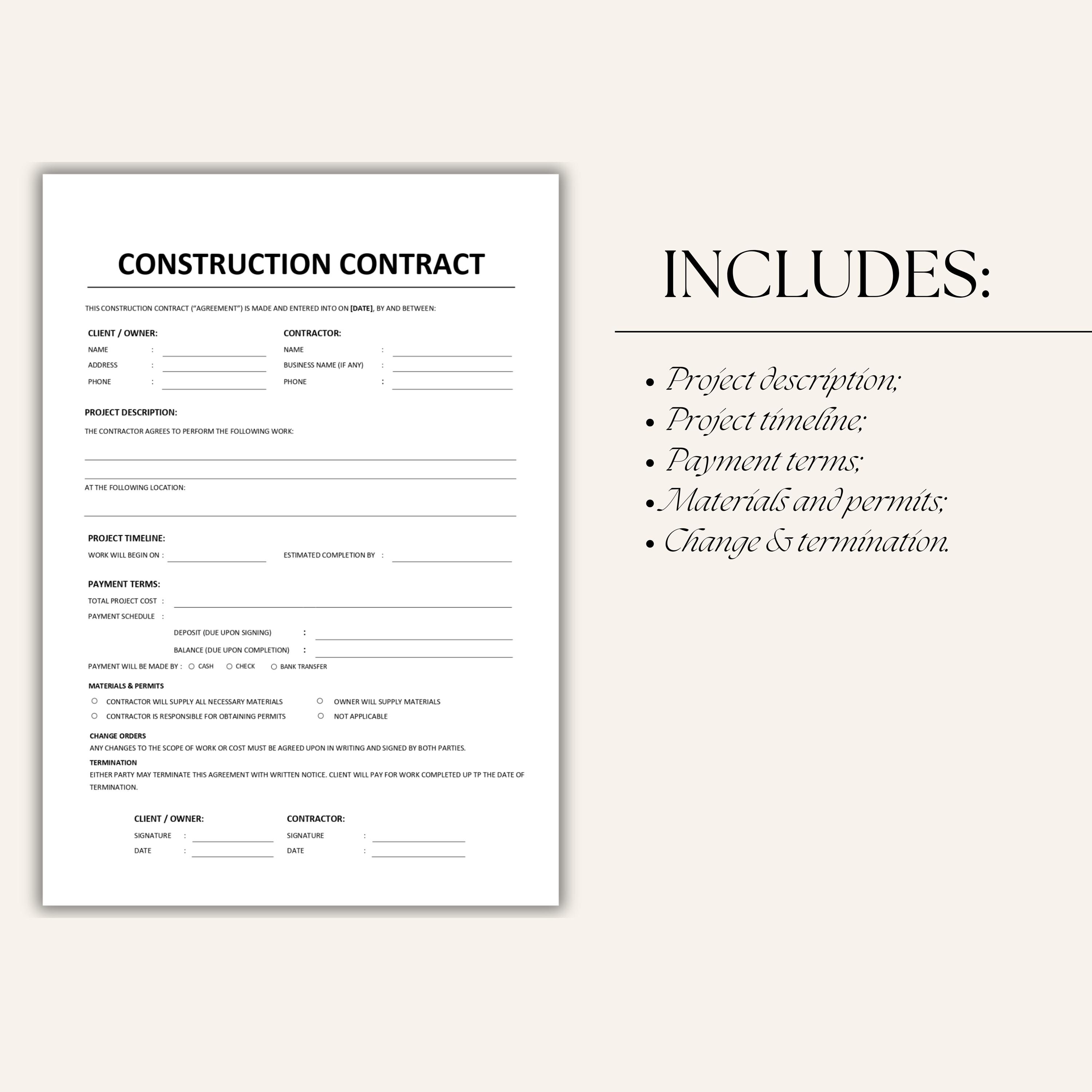 Simple Construction Contract Agreement Form Template, 1-page Editable ...
