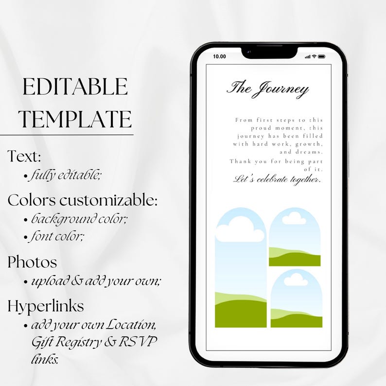 K&ouml;nnte beinhalten: Ein Smartphone zeigt eine editierbare Vorlage mit dem Text "The Journey". Die Vorlage bietet anpassbare Farben, Text, Fotos und Hyperlinks. Das Design umfasst blaue Himmel- und gr&uuml;ne Landschaftsgrafiken.