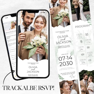 Digitale Hochzeitseinladung von Greenery, klares mobiles Evite mit Antwort-Link, bearbeitbare Canva-Vorlage, anklickbare Karte und Registrierungsstelle