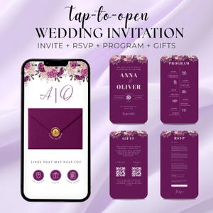 Può includere: Un design di invito di nozze digitale su smartphone, con una combinazione di colori viola scuro e accenti floreali. L'invito include opzioni RSVP, programma e regali. Il testo include "tap-to-open" e "Wedding Invitation".