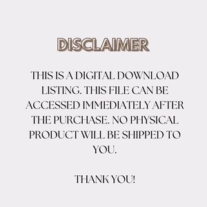 K&ouml;nnte beinhalten: Eine digitale Download-Anzeige mit dem Wort &bdquo;DISCLAIMER&ldquo; oben. Der Text erkl&auml;rt, dass die Datei sofort nach dem Kauf zug&auml;nglich ist und kein physisches Produkt versendet wird. Der Text endet mit &bdquo;DANKE!&ldquo;