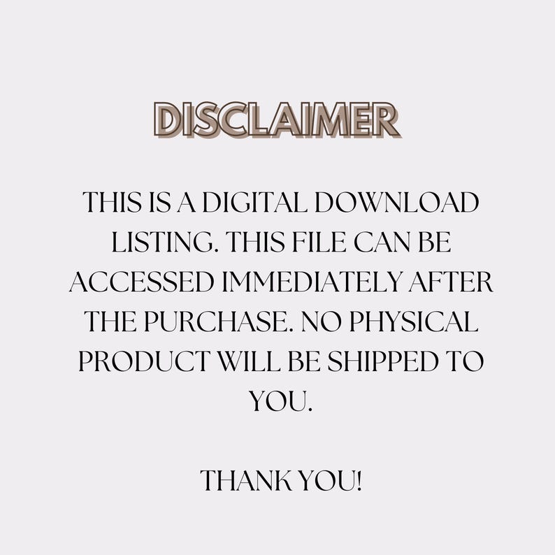 K&ouml;nnte beinhalten: Eine digitale Download-Anzeige mit dem Wort &bdquo;DISCLAIMER&ldquo; oben. Der Text erkl&auml;rt, dass die Datei sofort nach dem Kauf zug&auml;nglich ist und kein physisches Produkt versendet wird. Der Text endet mit &bdquo;DANKE!&ldquo;