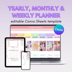 May include: A laptop, tablet, and smartphone display a pink and white planner template. The text "YEARLY, MONTHLY & WEEKLY PLANNER" is at the top. The laptop screen shows a content calendar with dates and the Canva logo.