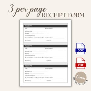 Simple Receipt Template 3 Per Page, Black and White Customer Receipt, Canva, PDF & Word Editable Receipt Form Printable Minimalist CON15