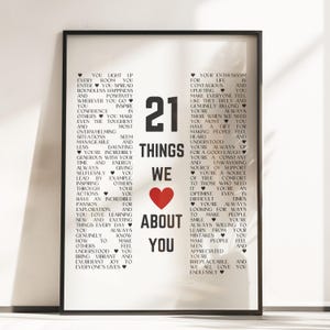 Op de afbeelding: Een ingelijste print met zwarte tekst op een witte achtergrond. De tekst luidt "21 Dingen die we leuk vinden aan jou" met een rood hart. De tekst beschrijft positieve eigenschappen zoals het verspreiden van geluk en optimistisch zijn.