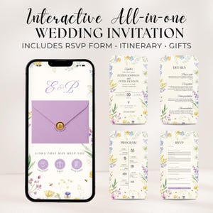 May include: An interactive wedding invitation displayed on a smartphone. The invitation includes an RSVP form, itinerary, and gift registry. The design features floral elements and the names Esther Johnson and Peter Jackson.