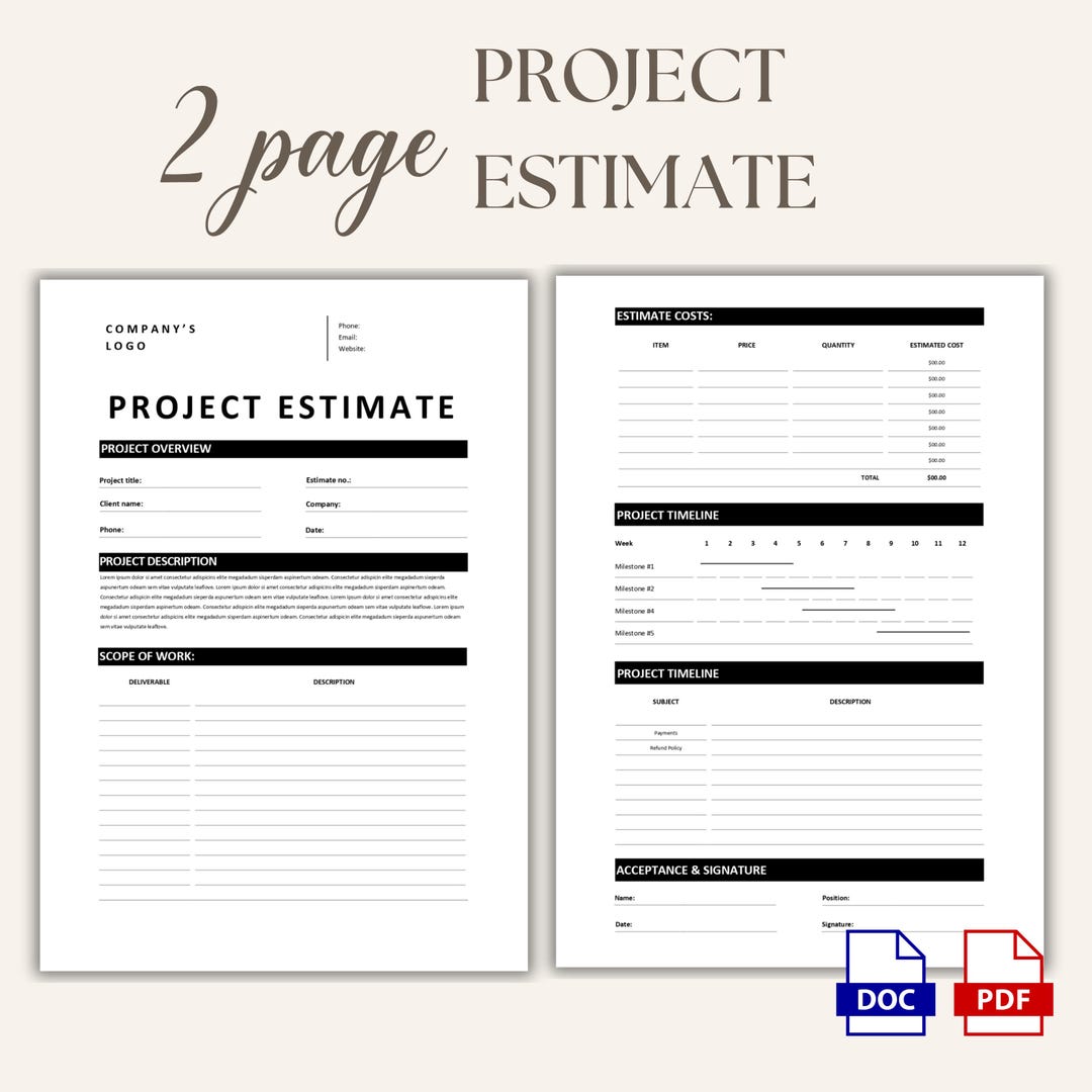 Project Estimate Template Editable, Printable Job Estimate, MS Word and ...