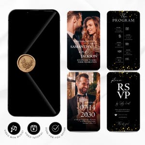 Könnte beinhalten: Ein schwarzes Smartphone zeigt Designs für Hochzeitseinladungen. Die Designs umfassen Veranstaltungsdetails, RSVP-Informationen und einen Programmplan. Das Telefon verfügt außerdem über ein goldenes Siegel und Symbole für Video mit Musik, Video-Tutorial und eine Option zur Selbstausführung.