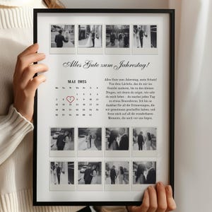 May include: A framed photo collage in black and white, featuring a May 2025 calendar and the text "Alles Gute zum Jahrestag!" The collage includes small photos and a handwritten message.