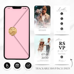 May include: A smartphone displays a pink digital invitation with a gold wax seal. The invitation includes photos, event details, and RSVP information. Text includes "Samantha and Jackson" and "Trackable RSVP Included!"