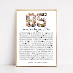 Puede incluir: Una impresión enmarcada con un borde dorado. La impresión presenta el número 95 compuesto por fotos familiares. Debajo de las fotos, el texto dice "reasons we love you, Mom". La parte inferior de la impresión dice "With love, [Name] and all the extended family."