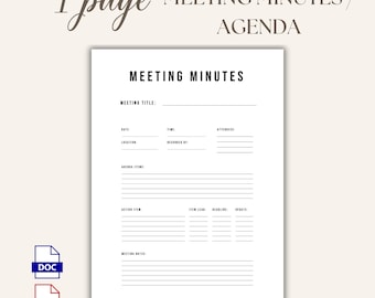 Meeting Minutes Word Template One Pager, Professional Business Meeting Notes, Simple Layout, Editable Instant Download Office Document MM03