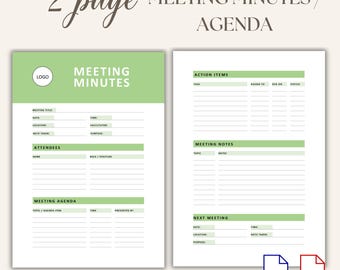 Meeting Minutes Template Green, Meeting Agenda Printable, Meeting Notes Template, Project Meeting Notes, Simple Minutes Template Word MM07