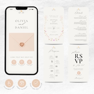 May include: A digital wedding invitation suite displayed on a smartphone and several cards. The design features the names "Olivia and Daniel" with floral accents, RSVP details, and a wedding program. The color scheme is soft and neutral.