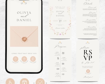 May include: A digital wedding invitation suite displayed on a smartphone and several cards. The design features the names "Olivia and Daniel" with floral accents, RSVP details, and a wedding program. The color scheme is soft and neutral.