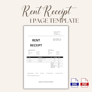 Op de afbeelding: Een witte sjabloon van 1 pagina voor een huurkwitantie. Het document bevat velden voor huuradres, bonnummer, datum, verhuurder- en huurdergegevens en betaalmethode. De tekst "Rent Receipt" staat bovenaan.