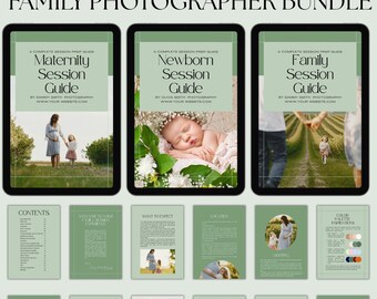 Pacote de Guias para Fotografia de Família, Recém-Nascidos e Gestantes com Modelos Editáveis do Canva, Brochura de Boas-Vindas Pré-Escrita para Fotógrafos (Verde Sálvia G09)