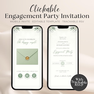 Peut inclure: Deux smartphones affichent une invitation numérique pour une fête de fiançailles. L'invitation présente une enveloppe vert sauge avec un sceau doré et des motifs floraux. Le texte indique "Clickable Engagement Party Invitation."