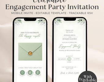 Sage Green Engagement Party Invitation Clickable Digital, Botanical Mobile Invite Canva Template Trackable RSVP