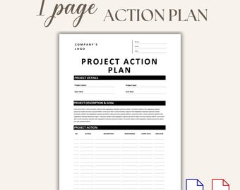Project Action Plan Template, 1-Page Editable Word & PDF, Simple Project Planner, Team Action Sheet, Business Planning Tool Freelancer PP08