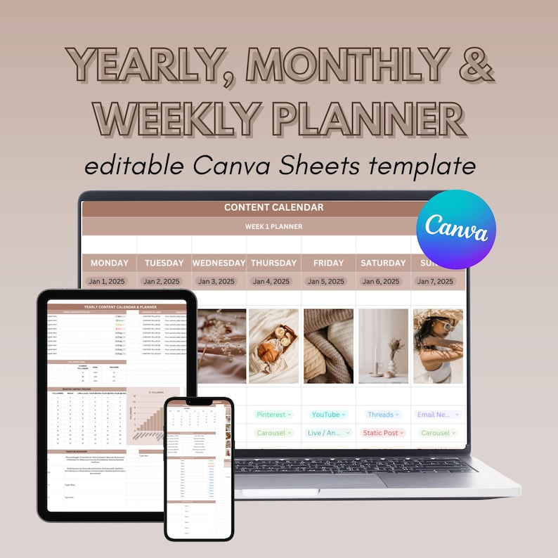 K&ouml;nnte beinhalten: Eine digitale Planervorlage, die auf einem Laptop, Tablet und Smartphone angezeigt wird. Der Bildschirm zeigt einen Inhaltskalender mit Daten und Bildern. Der Text lautet "YEARLY, MONTHLY & WEEKLY PLANNER" und "editable Canva Sheets template."