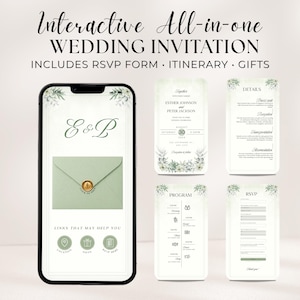 Può includere: Un invito di nozze interattivo all-in-one visualizzato su uno smartphone. L'invito include un modulo RSVP, un itinerario e una lista di regali. Il design presenta una combinazione di colori verde salvia con accenti floreali e le iniziali "E&P".