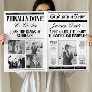 May include: A graduation announcement in a newspaper format. The headline reads "PHINALLY DONE!" and "Graduation News." The announcement features photos of a graduate, Dr. Carter, and James Carter, with congratulatory messages and the University of Michigan logo.