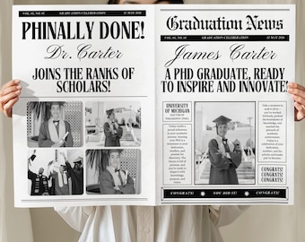 May include: A graduation announcement in a newspaper format. The headline reads "PHINALLY DONE!" and "Graduation News." The announcement features photos of a graduate, Dr. Carter, and James Carter, with congratulatory messages and the University of Michigan logo.